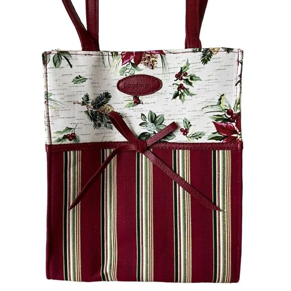 Longaberger Christmas Holiday Botanical Stripe Fabric Gift Bag Lunch Tote Bag - Picture 1 of 11